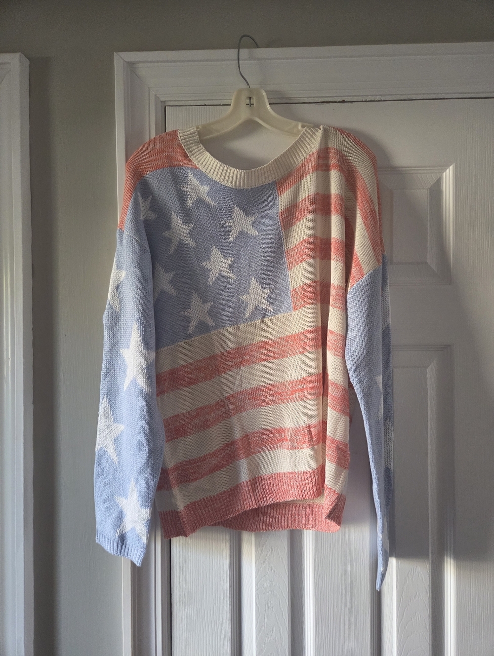 Women’s Flag Print Crewneck Sweater - Pastel Blue & Cream with Pink Stripes NWOT